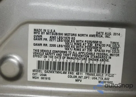 2015 Mitsubishi Outlander Sport Es from USA, damaged, VIN 4A4AP3AU2FE006728